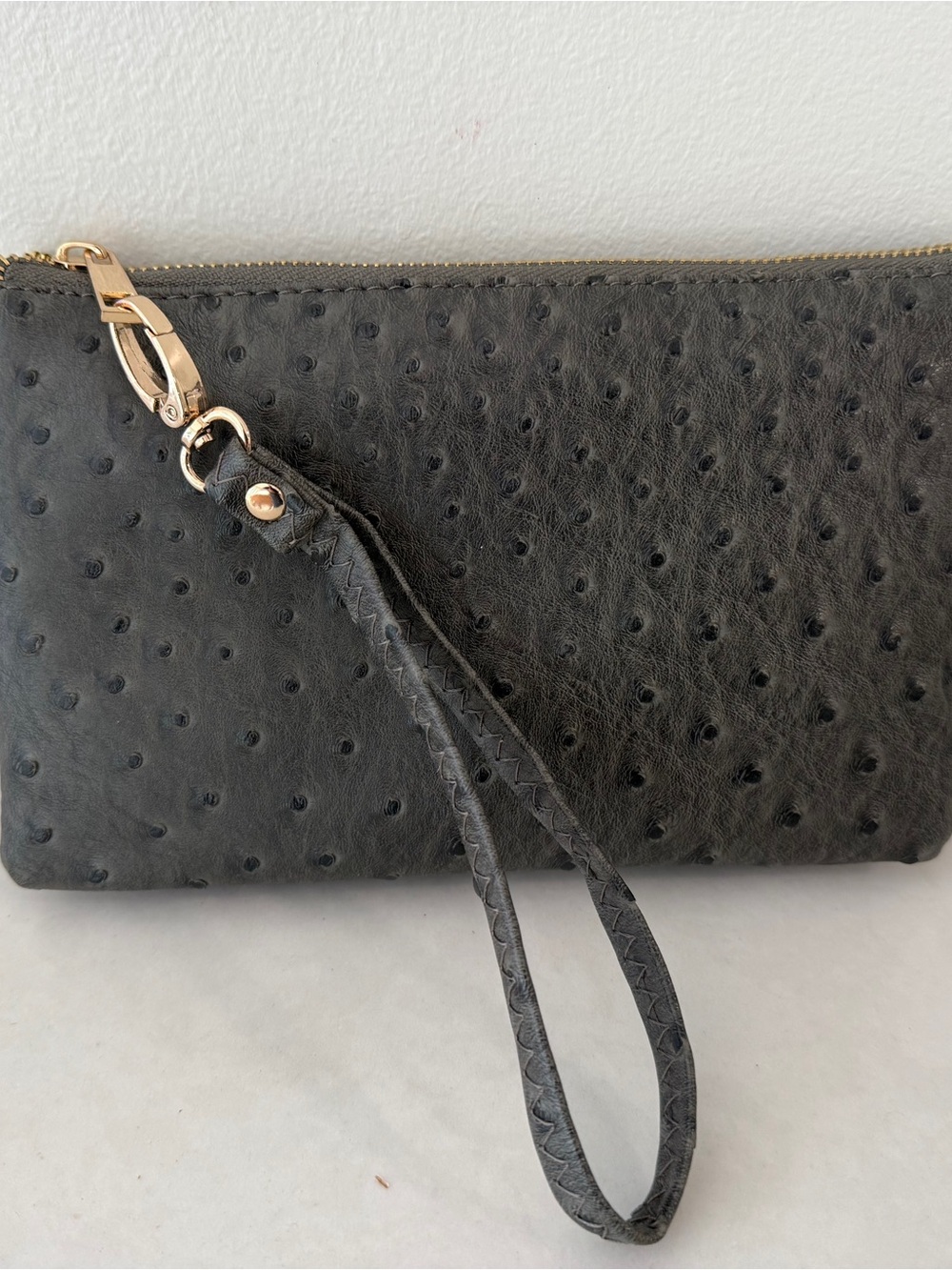 Black Ostrich-Texture Wristlet Clutch